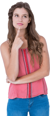 Transparent thoughtful young woman pondering decision isolated