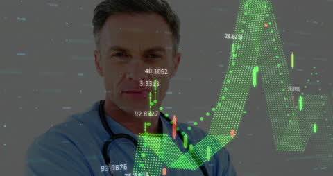 Doctor Overlaid with Rising Financial Data Visualizations