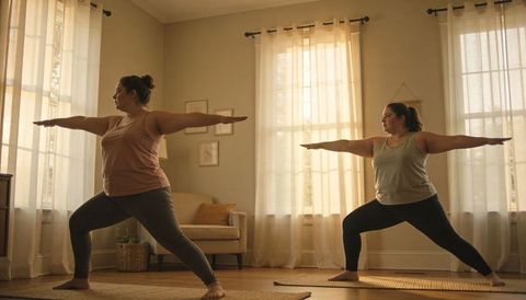 Morning Home Yoga Practice with Two Women Practicing Warrior II for Strength and Balance