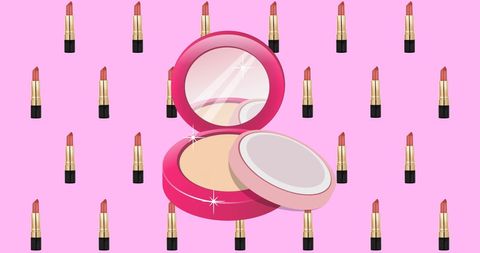 Cosmetic pattern with powder and lipsticks on pink background