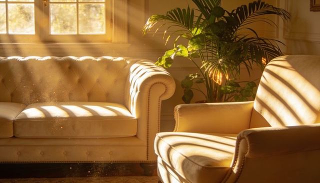 Chesterfield tufted sofa and cream armchair bathed in golden sunlight with dust motes