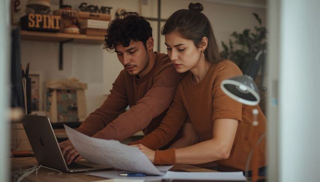 Young colleagues reviewing documents in cozy home office laptop collaboration