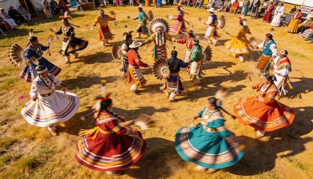 Spinning native american powwow dancers wearing feather headdresses and colorful regalia