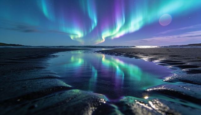 Aurora borealis dancing over coastal shoreline reflected in tidal pool under moonlight
