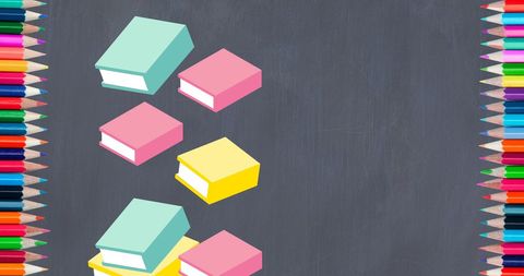 Colorful crayons and book icons on chalkboard background