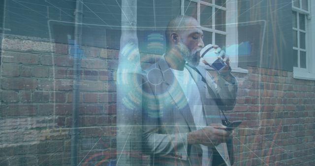 Man Drinking Coffee with Futuristic Digital Interface Overlay - Download Free Stock Images Pikwizard.com