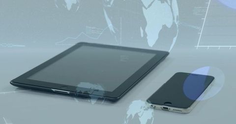 Tablet and Smartphone Displaying Holographic Global Data Visualization in Futuristic Blue