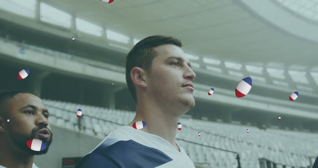 Image of diverse male rugby players with rugby balls with flag of france over stadium. global sport and rugby league world cup concept digitally generated image.