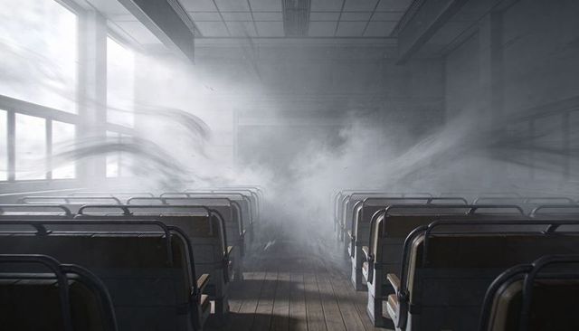 Empty ferry cabin filling with drifting mist and moody light