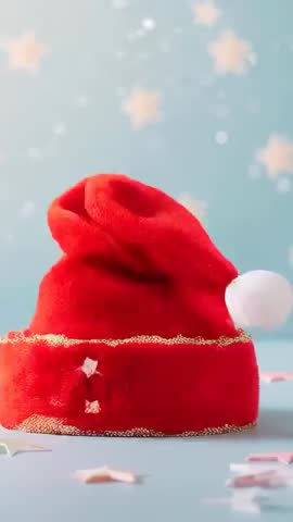Vertical video: Plush red Santa hat collapsing on table, revealing pom-pom and gold trim