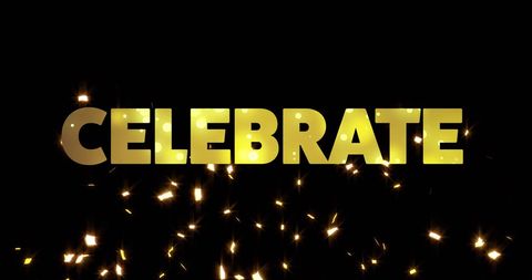 Celebrate Text on Fireworks and Confetti Background