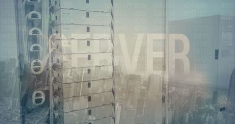 Modern Server Technology Overlays Urban Cityscape