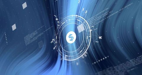 Pulsing Fintech HUD Emitting Dollar Sign with Floating Currency Symbols and Data Lines