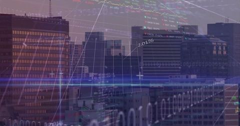 City skyline merging with translucent financial charts and binary data at dusk
