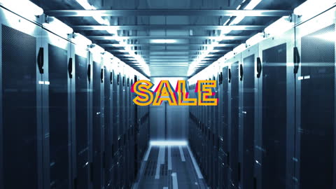 Neon Sale Overlay in Futuristic Server Room with Digital Grid