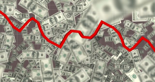 Red graph line dipping amongst scattered dollar bills suggests market decline, financial loss, or economic recession. Useful for illustrating financial instability, economic downturns, stock market performance, or investment risk articles and reports.