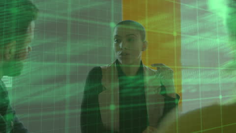 Futuristic Data Overlay on Business Meeting Consultation