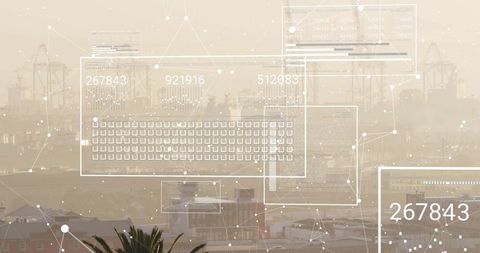 Translucent digital dashboard overlaying industrial harbor with cargo cranes, data analytics