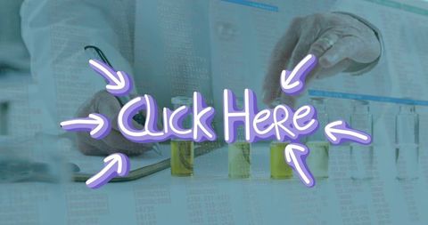 Scientist handling sample vials at lab bench with click here overlay and data analytics