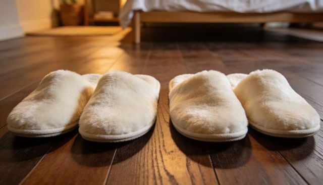 Two pairs of cream plush slippers resting on warm wooden floor in cozy bedroom morning light