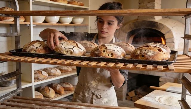 Young baker placing steaming sourdough loaves on rack in rustic wood-fired bakery