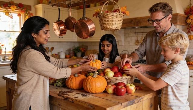 Multicultural family arranging pumpkins and apples on rustic kitchen island for autumn harvest