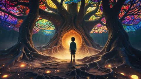 Child discovering glowing portal in fantasy dreaming tree