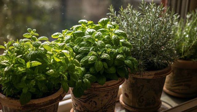 Backlit terracotta planters with fresh mint and rosemary on rustic windowsill