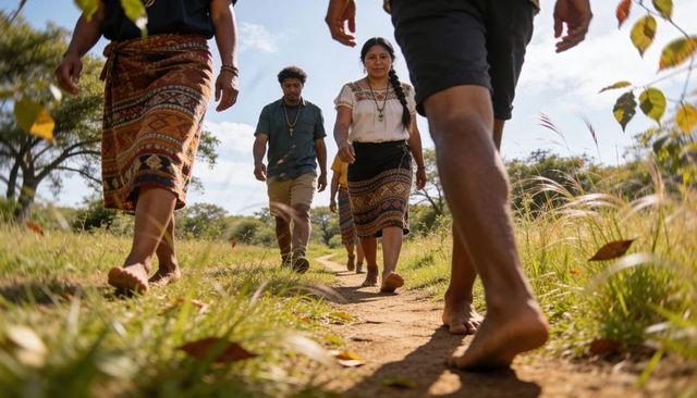 Walking barefoot adults strolling sunlit grassland trail wearing woven skirts, beaded necklaces