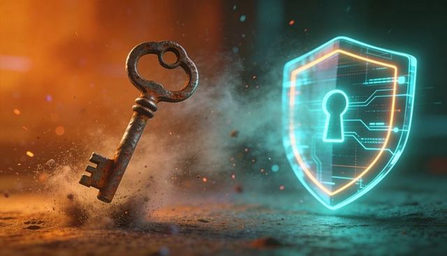 Rusted skeleton key hovering beside neon holographic shield symbolizing cybersecurity