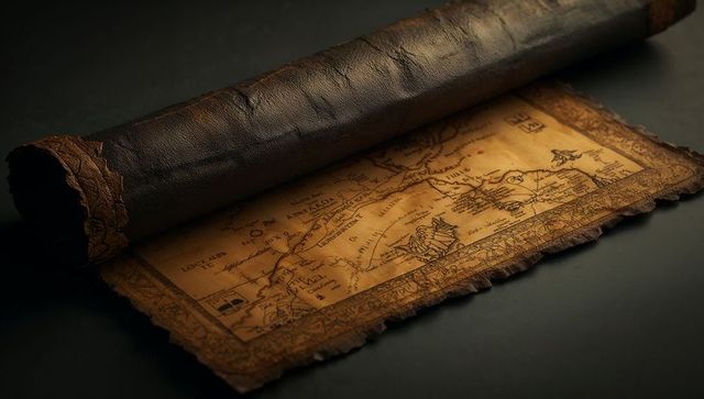 Unfurling aged parchment map with leather scroll, compass marking, ship sketch