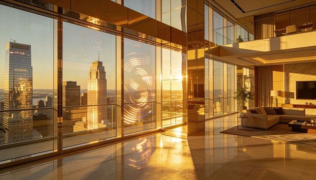 Golden sunset bathing luxury penthouse with floor-to-ceiling glass and city skyline view
