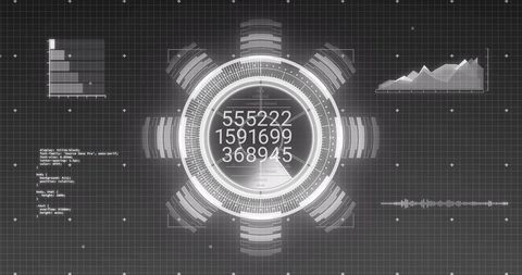 Futuristic HUD Dashboard Displaying Circular Analytics with Numeric Readouts and Graphs