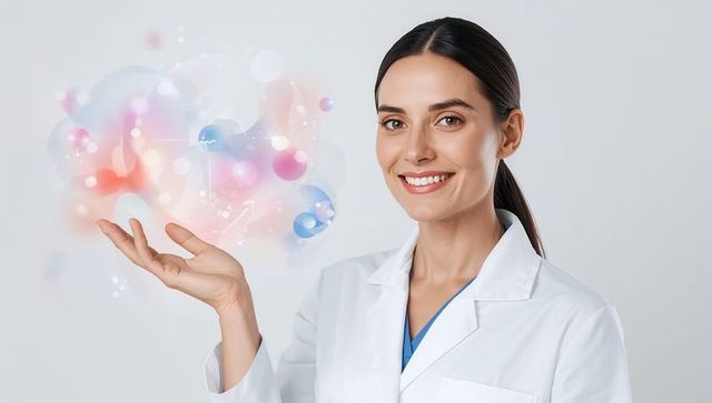 Smiling Doctor Presenting Futuristic Pastel Hologram Technology for Healthcare Innovation