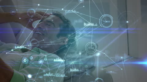 Connected Man Relaxing with Smartphone and Digital Overlay