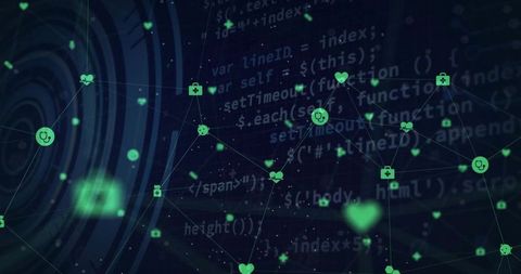 Green Health Network Visualizing Connected Medical Icons over Code and Data Background