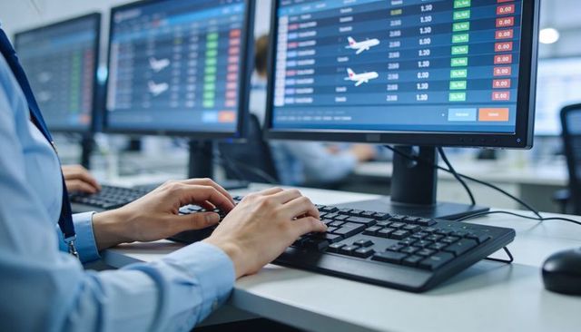 Airline operations control team typing at dispatch console with live flight status monitors