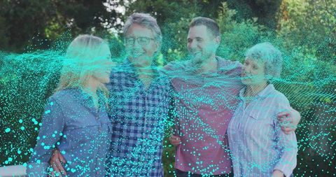 Multigenerational family linking arms in backyard with turquoise digital wave overlay