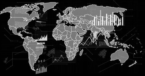 Global Data Dashboard with Stylized World Map, Bar Charts and Line Graphs, Dark Grid Analytics