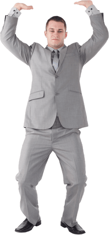 Caucasian businessman holding invisible object transparent