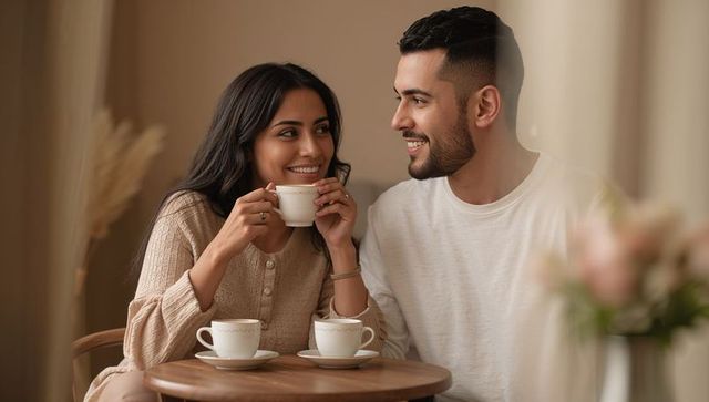 Smiling couple enjoying cozy coffee moment in warm neutral kitchen nook with flowers