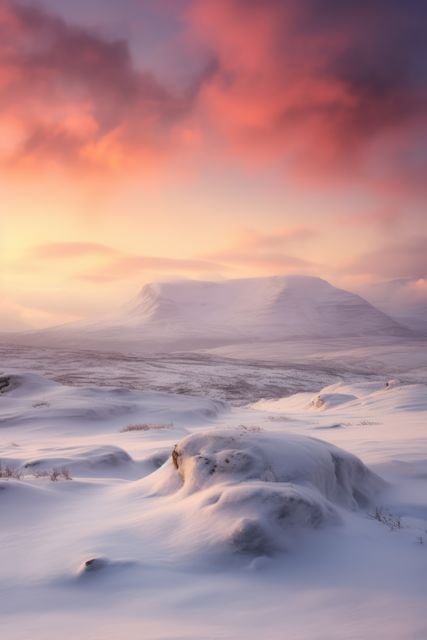 Frozen arctic tundra landscape with snow and red clouds, created using generative ai technology. Scenery, winter and beauty in nature concept digitally generated image.