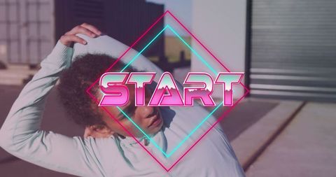 Female Athlete Stretching Outdoors with Retro Start Text Overlay