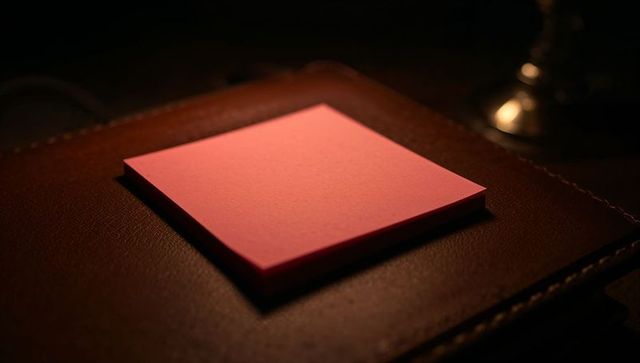 Pink Sticky Note Pad on Dark Leather Notebook Lit by Warm Desk Lamp Light