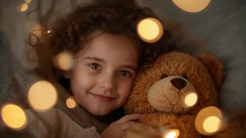 Curly-haired girl smiling and cuddling teddy under warm bokeh lights for bedtime story video