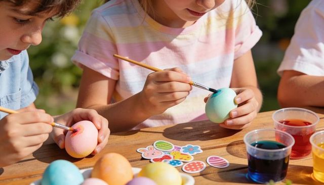 Kids painting pastel easter eggs outdoors crafting together on wooden table