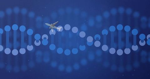 Airplane and DNA Helix Against Futuristic Blue Background