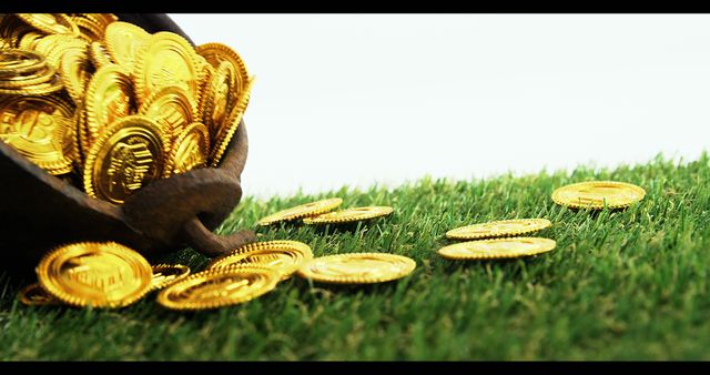Overturned pot with scattered gold coins on luscious green grass, symbolizing fortune and wealth. Suitable for concepts of financial success, prosperity, and investment-related content.