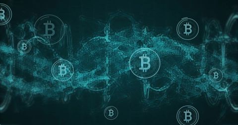 Digital Bitcoins Flowing Over DNA Strand in Futuristic Design