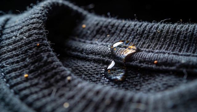 Black rib-knit cuff macro showing water beading and orange lint on textured knit